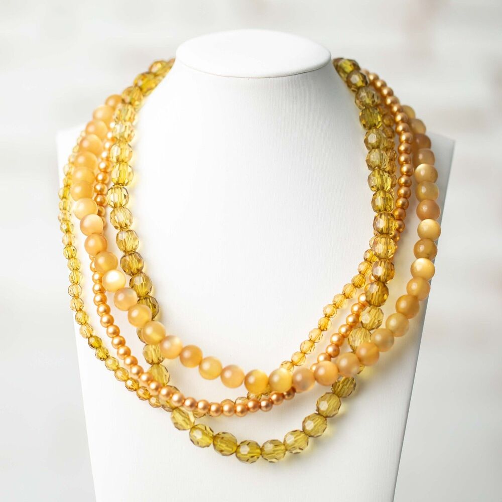 Vintage Multi Strand Beaded Necklace Amber Gold Lucite Velvet Ribbon Tie Jewelry